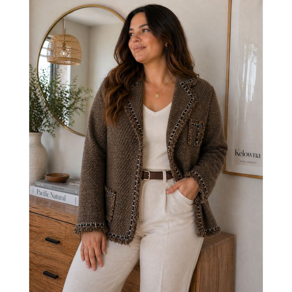 Dialogue Brown Tweed Blazer Size 14 Textured Herringbone Jacket Workwear